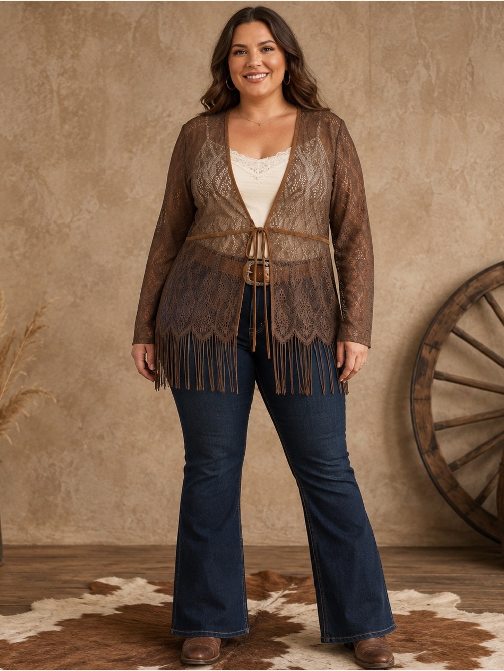 Venezia Jeans Mesh Lace Brown Cardigan Kimono Women’s 3X Boho Western